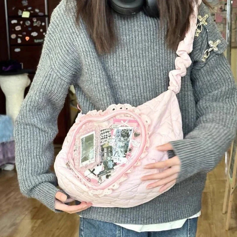 STORESDE Pink Cute Womens Shoulder Bag Pleated Love Heart Lolita Jk Ita Bag Drawstring Ballet Style Sweet Fashion Female Handbag