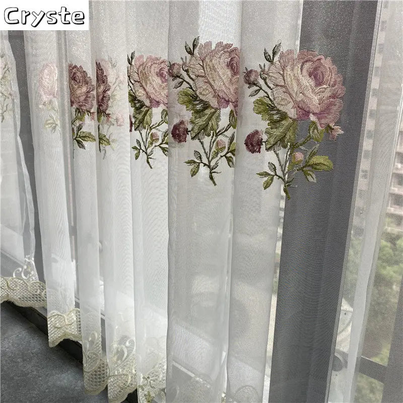 STORESDE American Luxury Peony Embroidery Tulle Curtain For Living Room European Elegant Flower Embroidery Sheer Voile Drapes For Bedroom