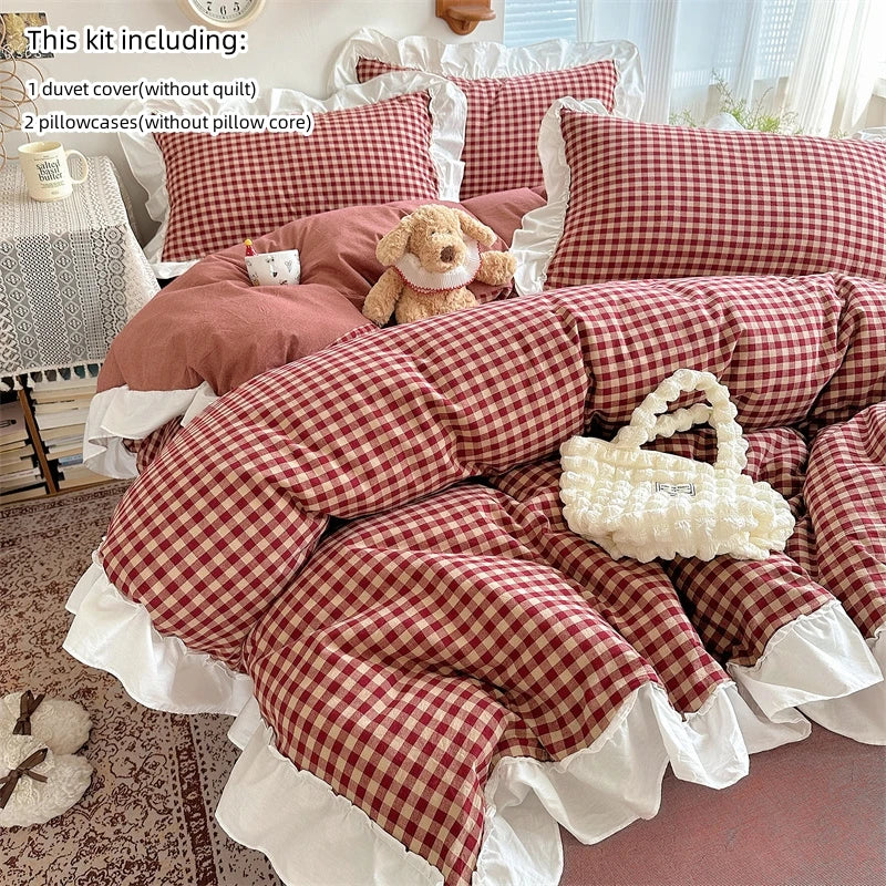 STORESDE 3pcs red,black plaid Duvet Cover Set (1*Duvet Cover + 2*Pillowcase, Without Core), Lace embroidery Bedding Set