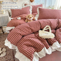 STORESDE 3pcs red,black plaid Duvet Cover Set (1*Duvet Cover + 2*Pillowcase, Without Core), Lace embroidery Bedding Set