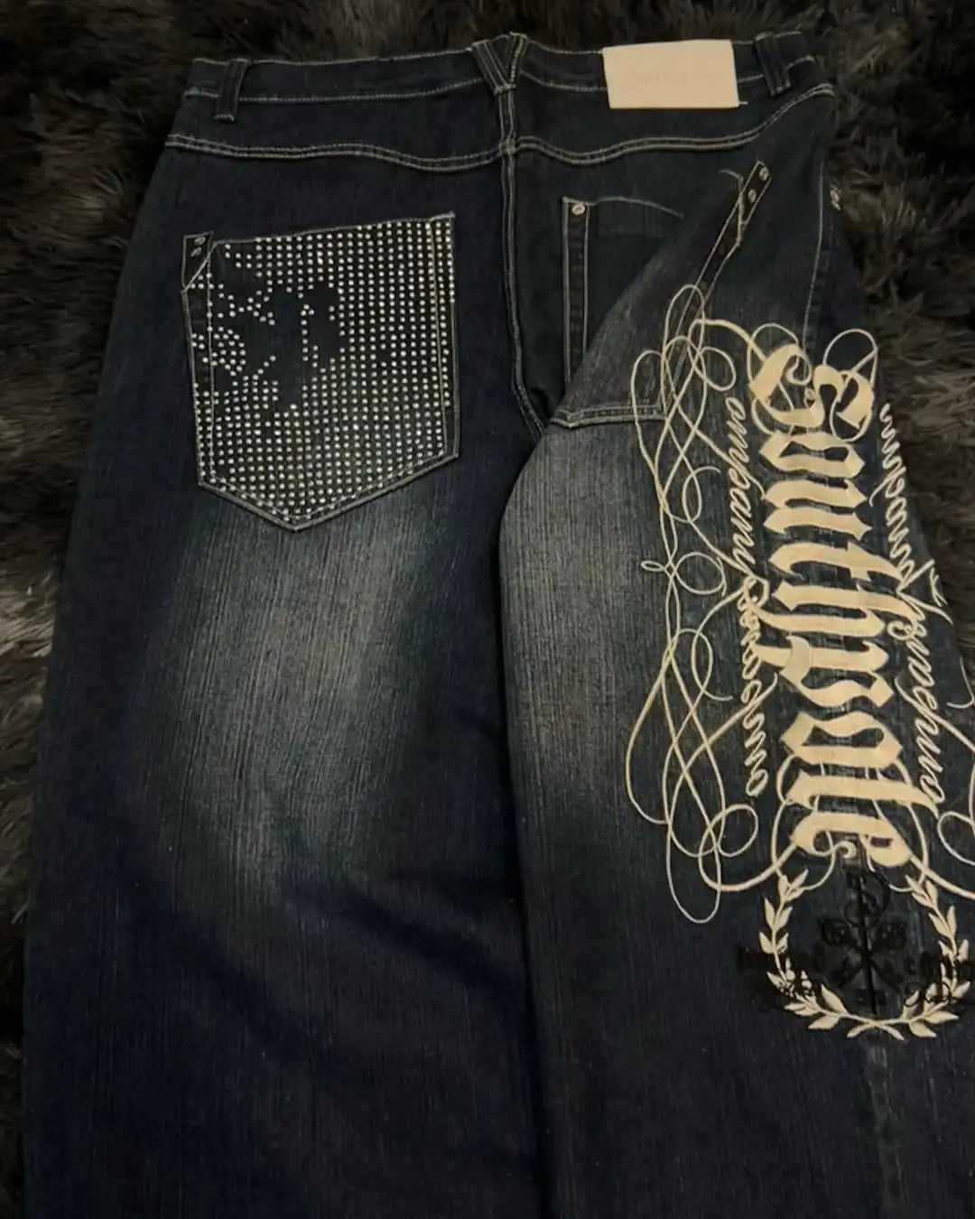 STORESDE Men's Embroidery Element Design Washed Wide-leg Straight Jeans Baggy High Waisted Classic Street Style Jeans Hip Hop Jeans