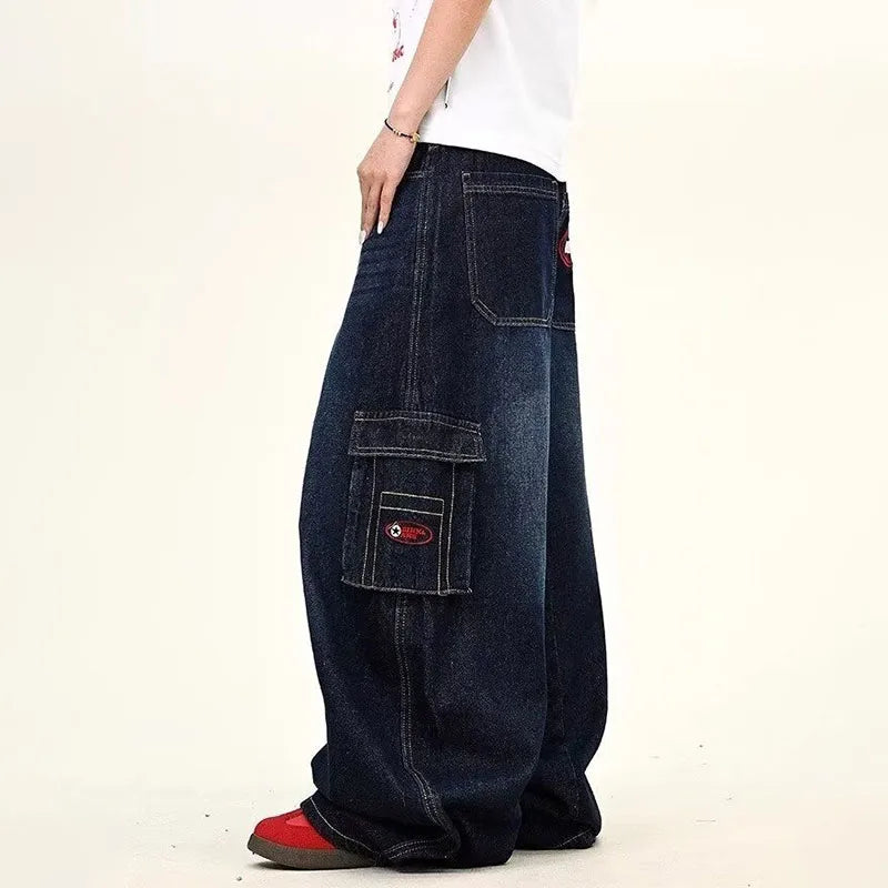 STORESDE Japanese Korean Versions Harajuku Men'S Jeans Fashion Casual Curved Pants Loose Pants Large Pockets Denim Straight Leg Pants
