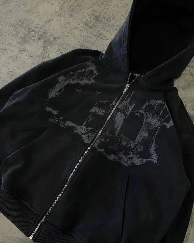 STORESDE Man Hoodie Y2k Goth Streetwear Men Hip Hop Streetwear Harajuku Gothic Pattern Zip Up 90s Graphic Sweatshirt Japanese Anime