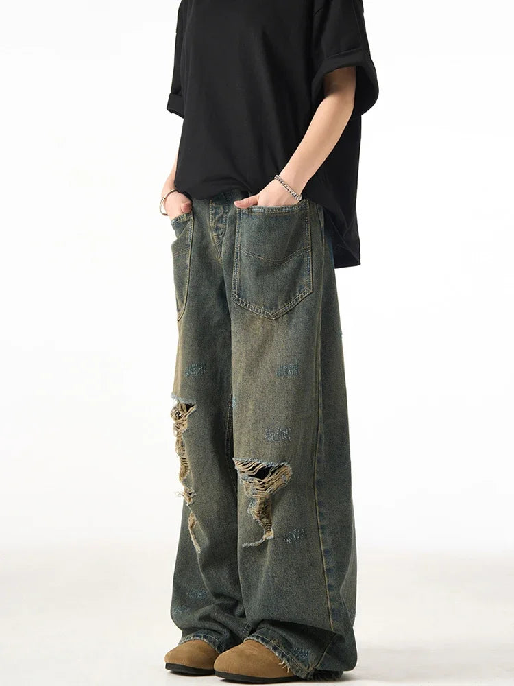 STORESDE Spring American Retro Ripped Wide-leg Jeans For Men High Street Fashion Distressed Baggy Denim Pants 2025 New Casual Y2K Jean