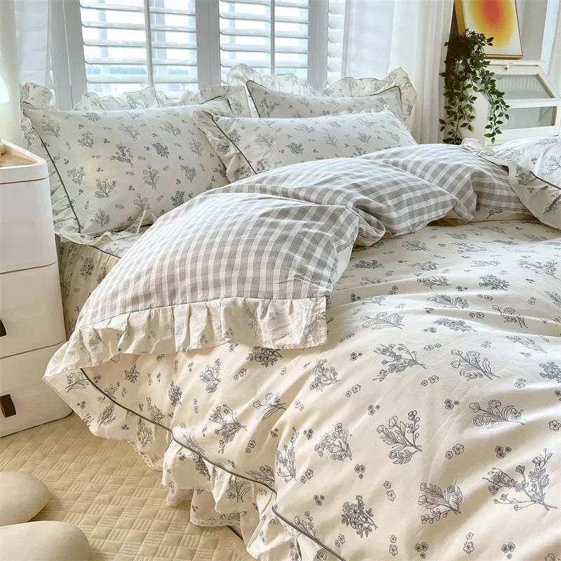 STORESDE New Ruffles 100% Cotton Duvet Cover Set or Single Duvet Covers Floral Princess Style All Cotton Quilt Cover Queen Blanket Cover