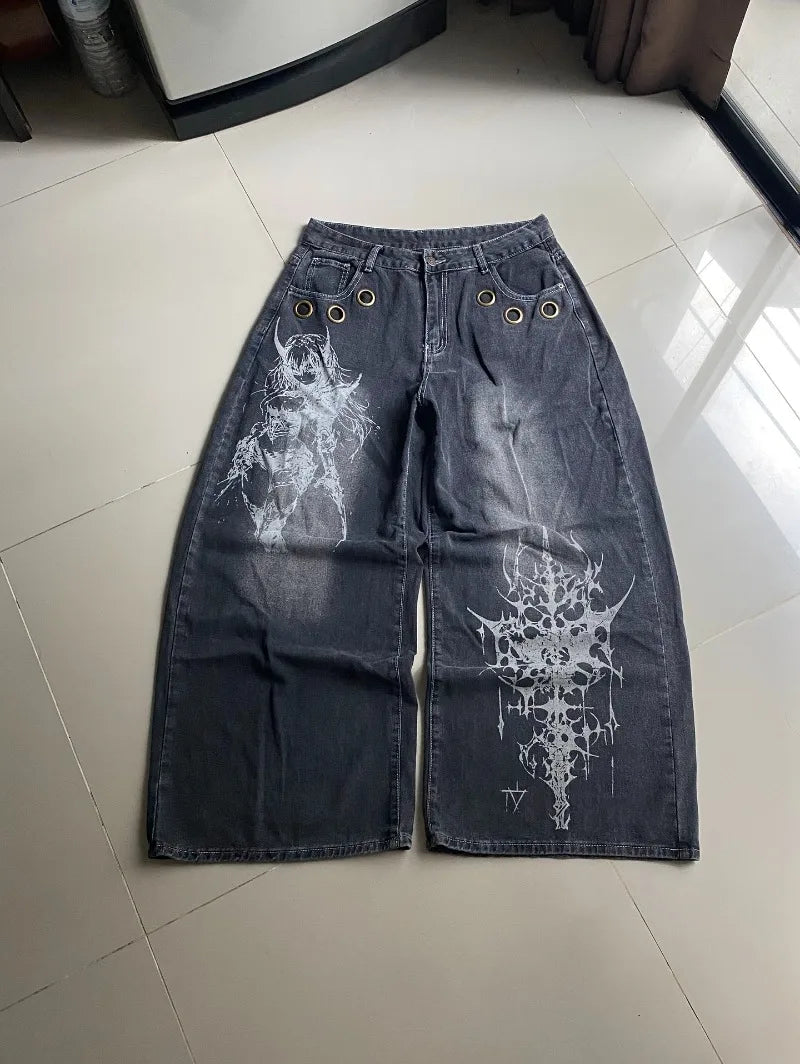 STORESDE American New Fashion Oversized Pattern Printed Washed Jeans Men Y2K Gothic Rock Popular Casual Joker High Waist Wide Leg Pants