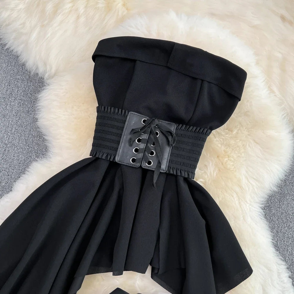 STORESDE 2pcs Sets Women Outfits Fashion Strapless Irregular Skinny A-line Dresses+elastic High Waist Solid Wide-leg Shorts Femme Suits