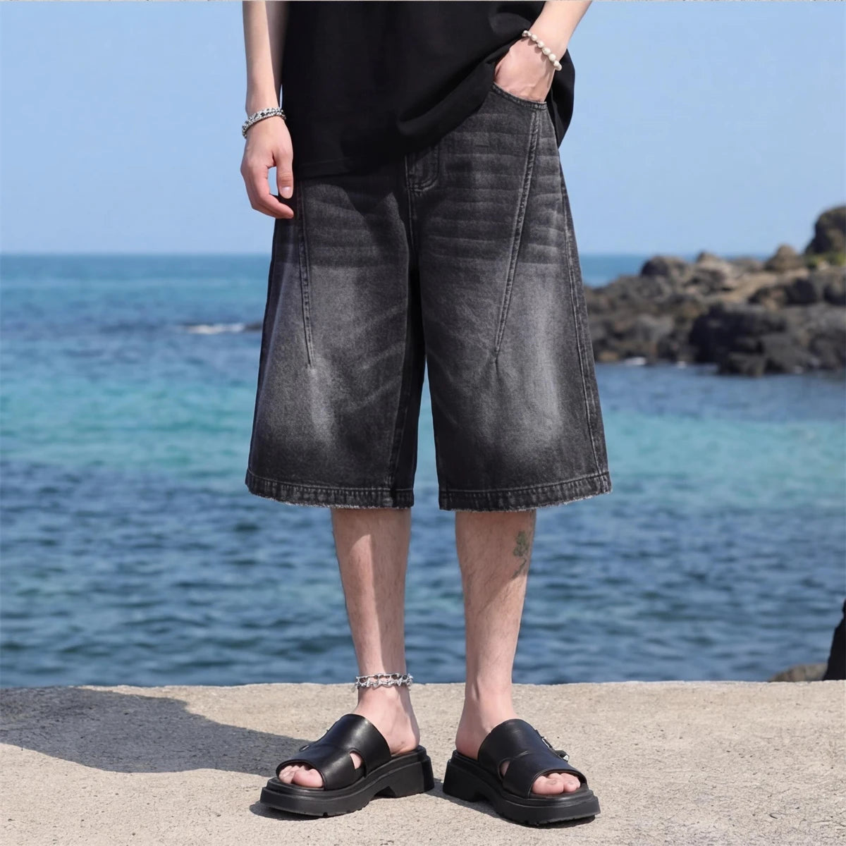 STORESDE High Street Vintage Gradient Denim Shorts Loose Wide Leg Summer Casual Fashionable Versatile Must Have Shorts for Trendsetters