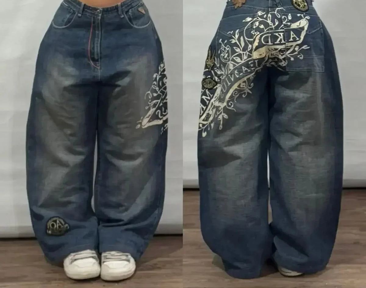 STORESDE 2025 New American Trend Retro Hip-hop Embroidery Pattern Baggy Jeans For Men And Women Y2K Harajuku Gothic Wide Pants Streetwear