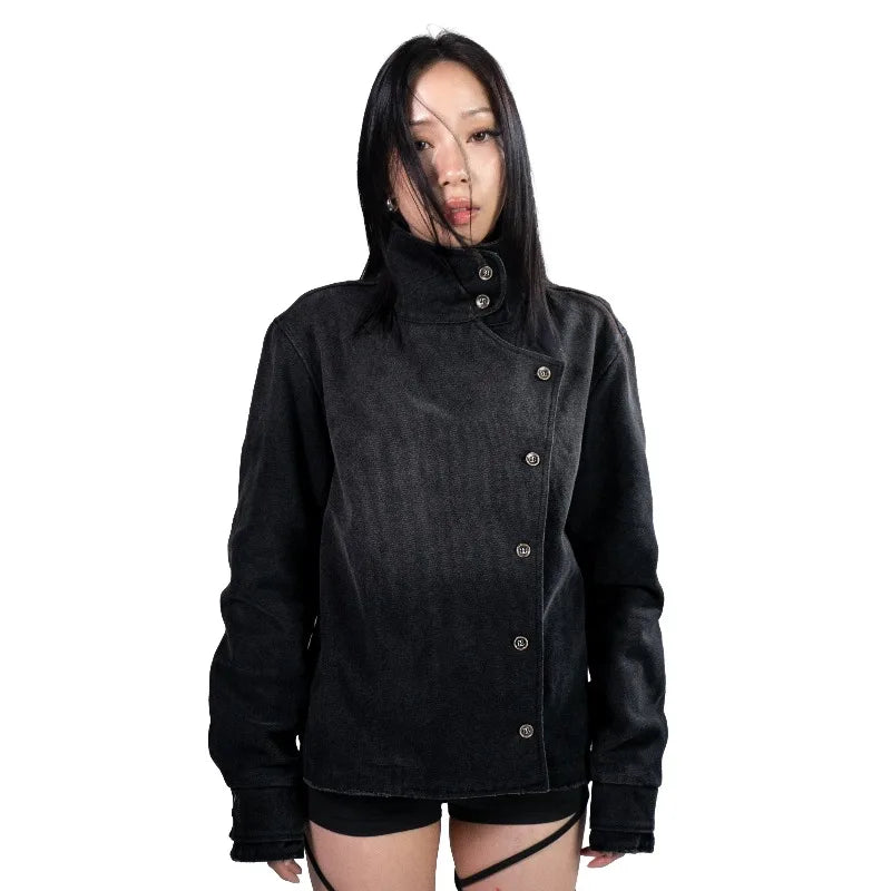STORESDE Y2k Fencing Jacket Vintage Wash Gradient Irregular Buttons Unisex Jacket Gothic Harajuku Streetwear Canvas Cotton Casual Jacket