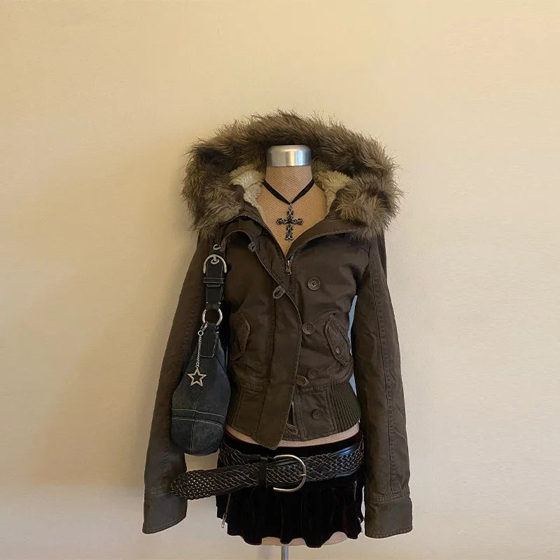 STORESDE Winter Fashion New Solid Color Fur Collar Hooded Cotton-padded Jacket Women Y2K Street Vintage Pop College Cotton-padded Jacket