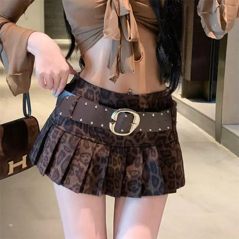 STORESDE Aesthetic Leopard Print High-waist Short Skirt Women's Y2k Sexy Hot Girl New Slim Pleated Skirts High Street Retro A-line Skirt