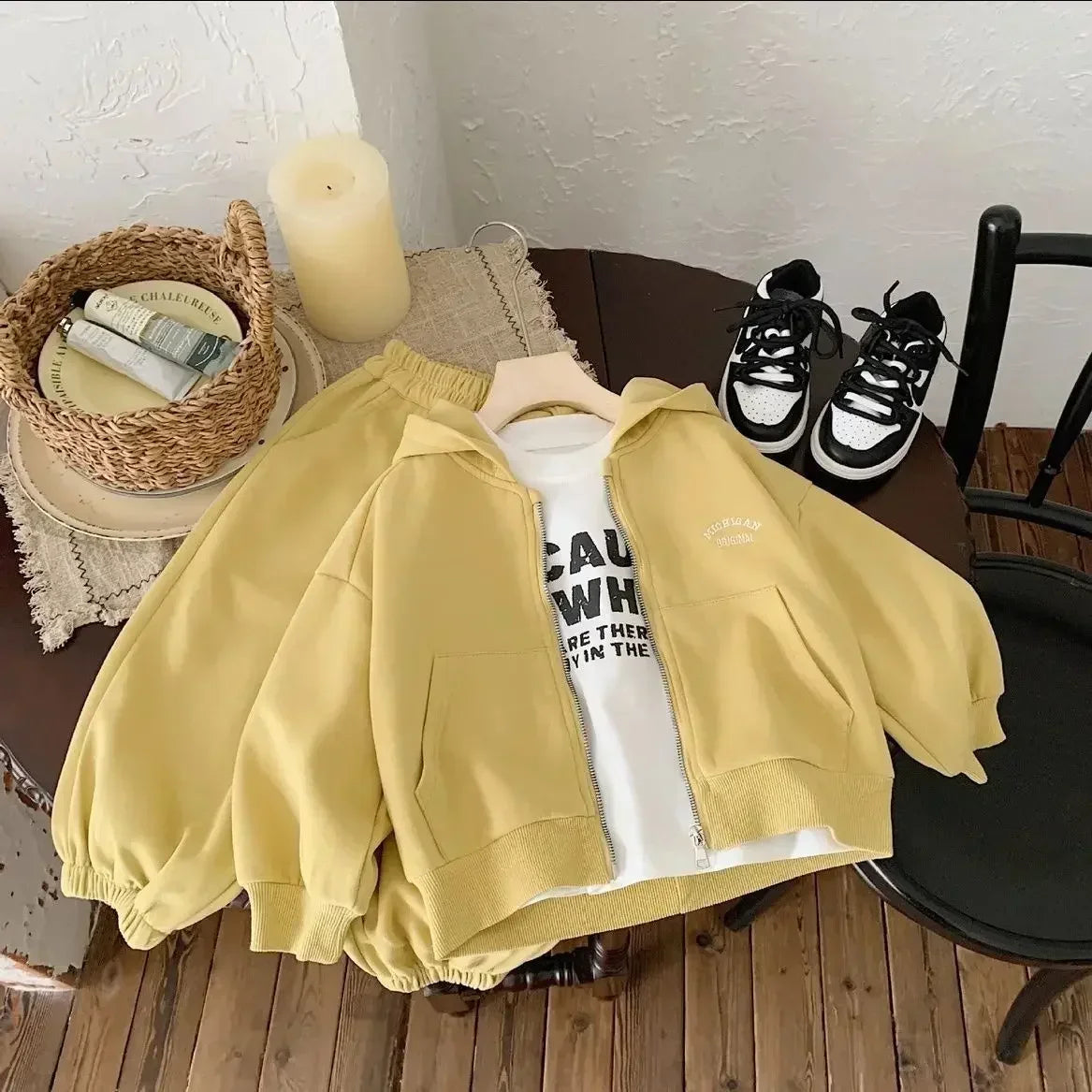 STORESDE High Quality Children's Composite Cotton Set 2026 Spring Autumn New Korean Girl Boys Letter Baby Casual Hooded Sports 2pcs Set