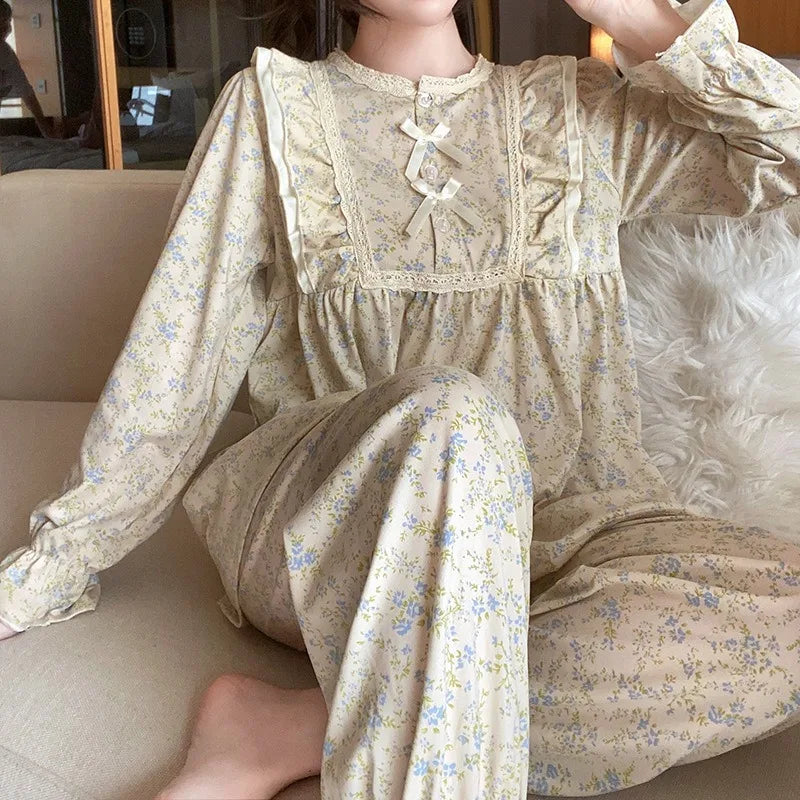 STORESDE Ladies Pajamas Garden Style Student Casual Long Sleeve Pants Two-Piece Bow Set Nightwear Women Four Season Academic Atmosphere