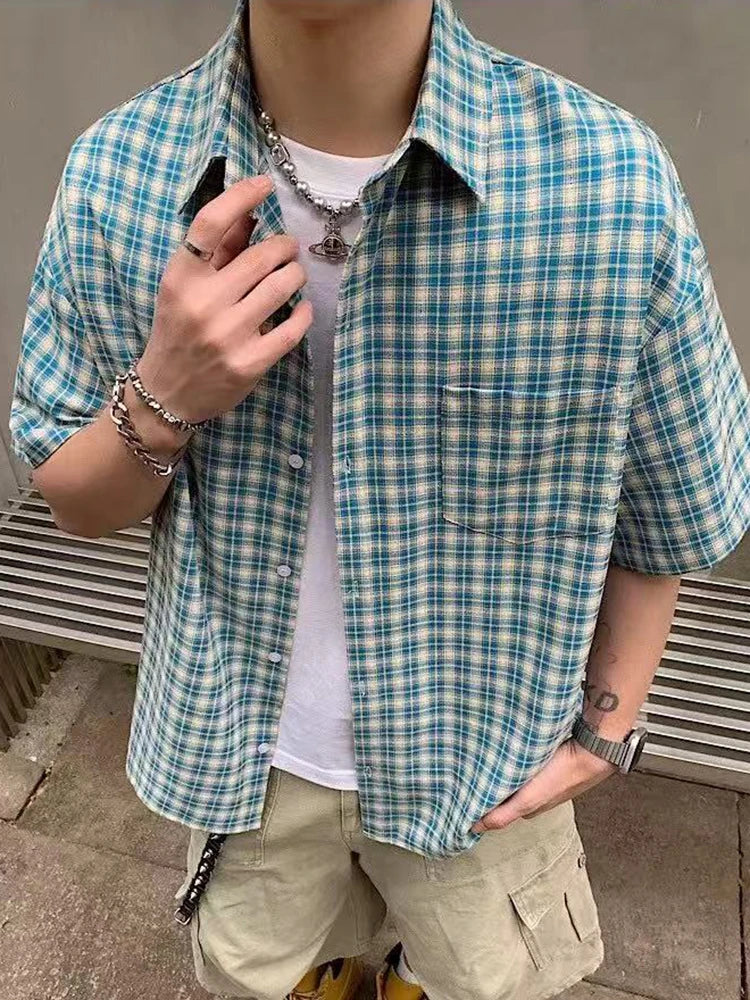 STORESDE Summer Short Sleeve Plaid Shirt Women American Vintage Loose Single Breasted Casual Blouse Bf Harajuku All Match Lapel Tops