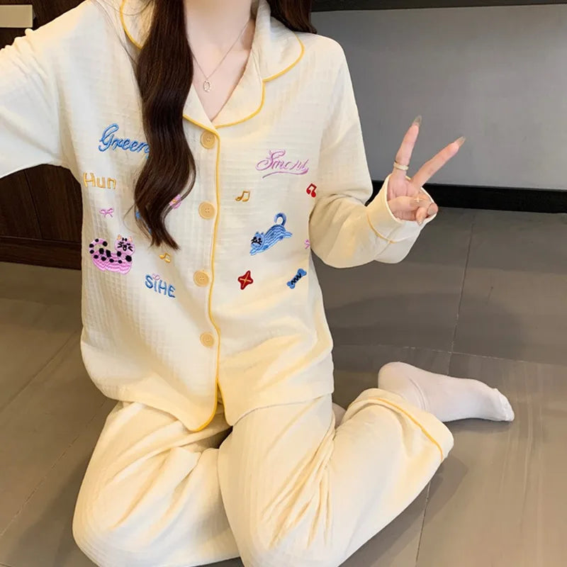 STORESDE Embroidery Letter Cute Cartoon Women's Pajamas Fashion Warm Autumn Winter New Sleepwear Sweet Kawaii Lapel Neck Pajama Sets