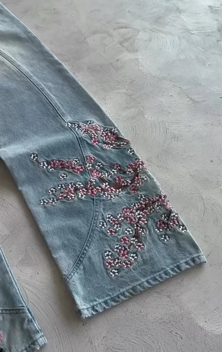 STORESDE Men Women Cherry Blossom Knight All Embroidery Denim Pants Y2k Vintage Baggy Street Straight Jeans High Waisted Washed Blue Jean