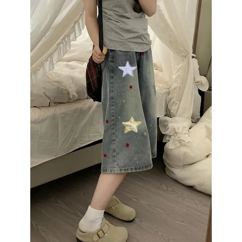 STORESDE American Vintage Women's Straight Leg Capri Jeans 2026 New Star Patchwork Loose Wide Leg Casual Versatile Streetwear Denim Pants