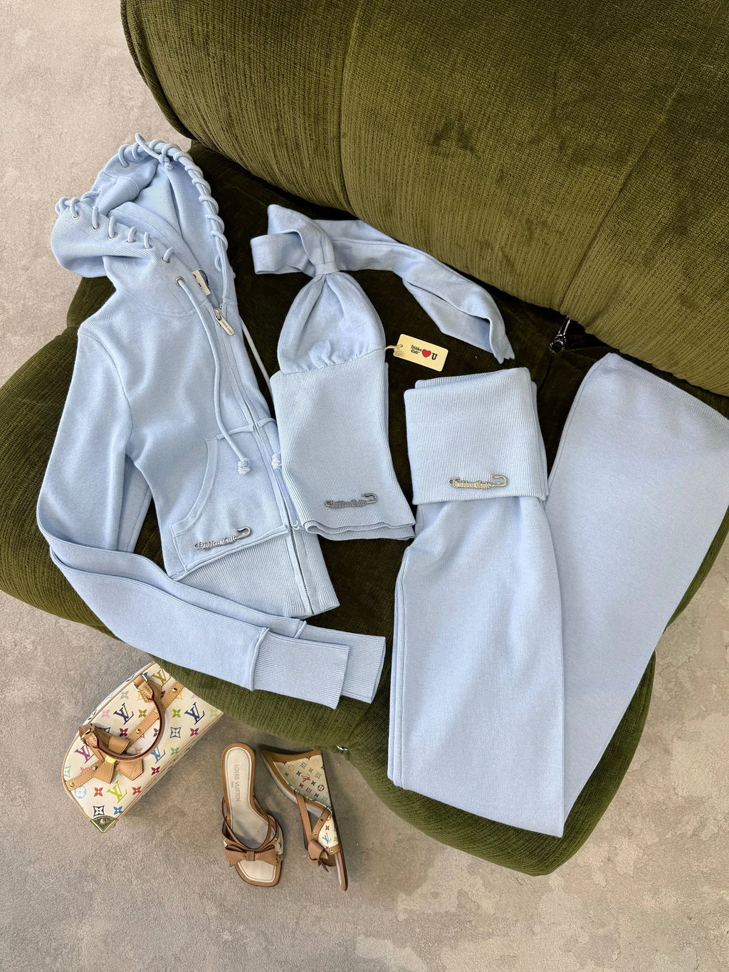 STORESDE Y2K American Sportswear Two Piece Set Casual Blue Aesthetic Yoga Suit Short Skirt Slim Fit Hooded Sweatshirt Casual Sports Pants