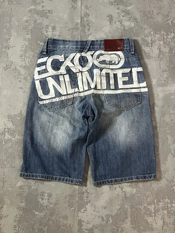 STORESDE American Washed Ecko Denim Shorts Mens Hip-hop Rock Street Fashion Pattern Straight Pants Harajuku Trend Wide Pants