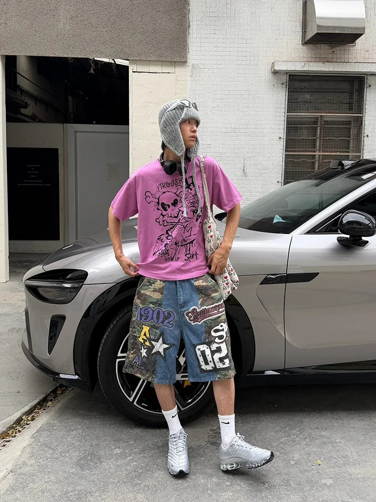 STORESDE Vintage Street Camouflage Print Five-Point Short Jeans Loose Wide Leg Shorts Unisex Summer American Hip Hop Fashion Men Clothing