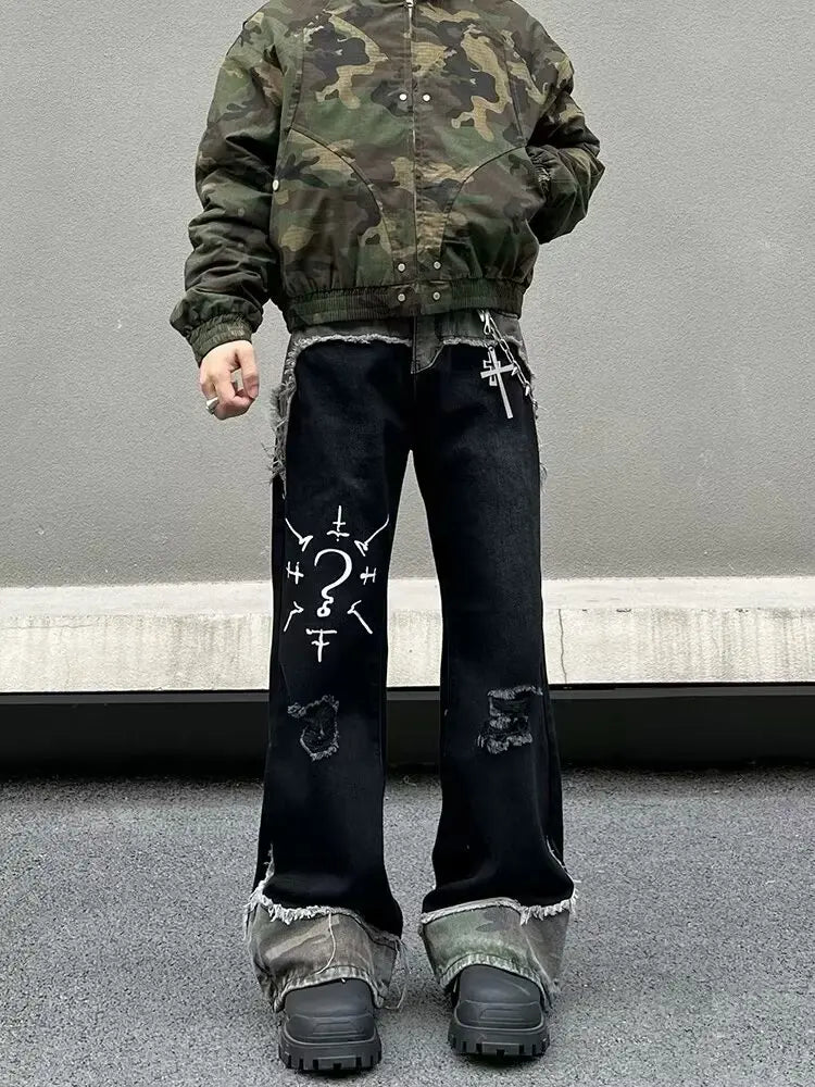 STORESDE 2025 Punk Y2K Style Camouflage Patchwork Graffiti Baggy Ripped Jeans Pants For Men Clothes Straight Long Trousers Pantalon Homme