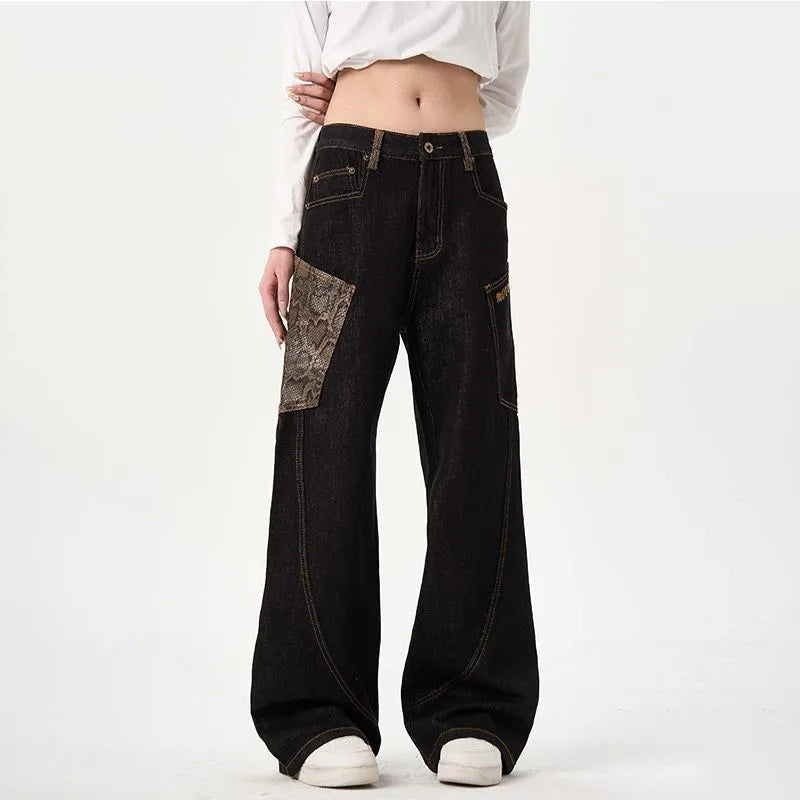 STORESDE Y2K Vintage Snake Patterned Patchwork Washed Baggy Jeans American Women Harajuku Hip Hop Popular Goth High Waist Wide Leg Pants