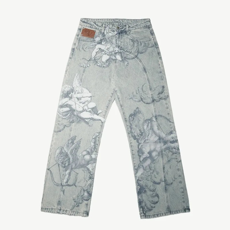 STORESDE Y2k Retro Baggy Jeans Trendy Cupid Angel Pattern Men Women Pants American Hip Hop Streetwear Unisex Casual Straight Leg Jeans