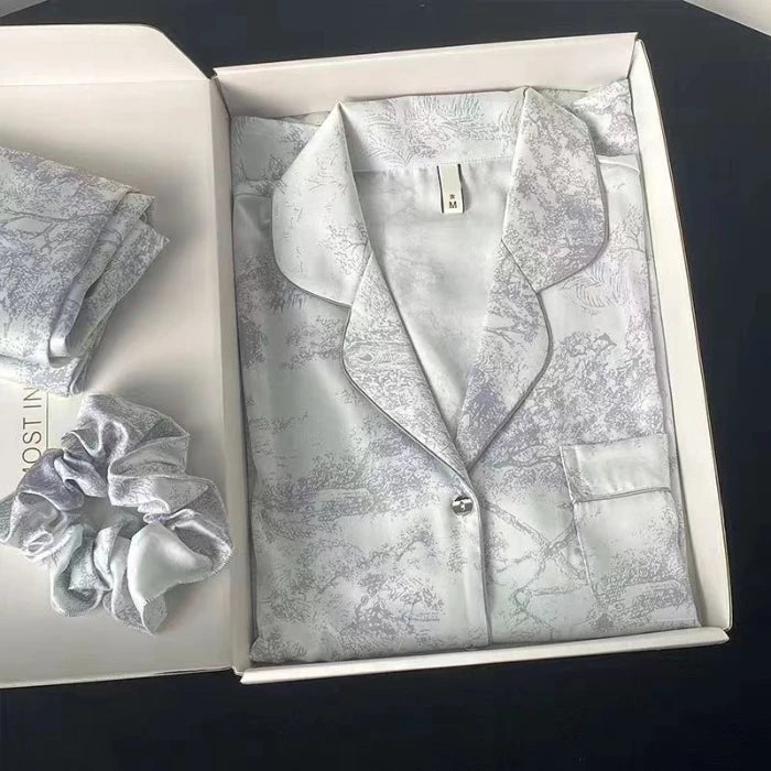 STORESDE 2026 New Ice Silk 2 Pieces Pajamas for Women Autumn Spring Women's Pajamas Set Elegant Ptinting Flower Home Wear Soft Sleepwear