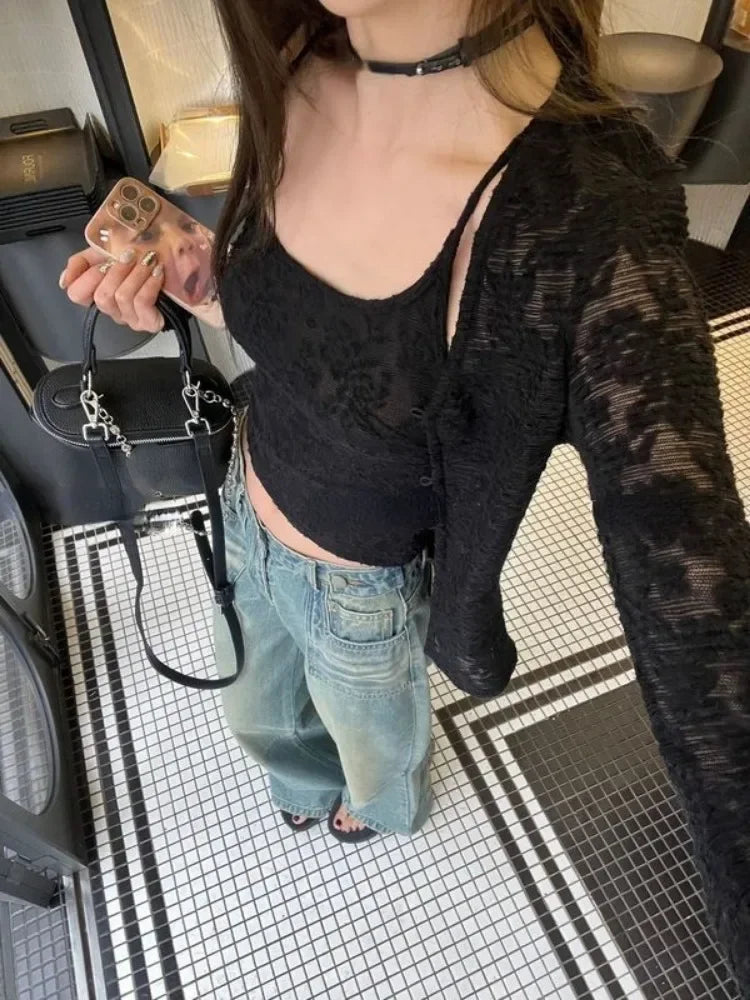 STORESDE Y2k Aesthetic Lace Jacquard Women's Cardigan + Black Tank Top Harajuku Vintage 2set Japanese Grunge Fashion Pull Femme Mujer