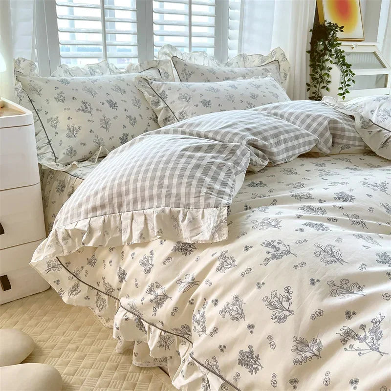STORESDE Princess Style Ruffles 100% Cotton Quilt Cover Set or Single Quilt Covers Floral Soft Duvet Cover Cotton Cute Comforter Covers
