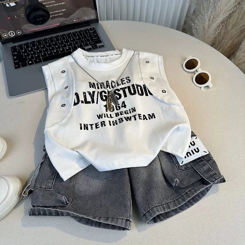 STORESDE Boys Summer Streetwear Cool Vest Outfit 2-10 Years Letter Sleeveless T-shirt & Denim Cargo Shorts 2-Piece Kids Casual Cotton Set