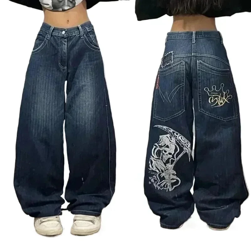 STORESDE American Street Trend Letter Embroidered Loose Jeans Men Harajuku Y2K New Hip Hop Oversized Wide-leg Pants Unisex Mopping Jeans