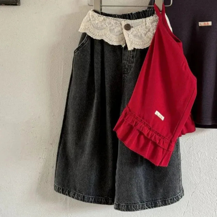 STORESDE UNITIM 2-8Yrs Kids Girls Jeans Loose Lace Patchwork Children Girls Straight Pants Casual Trendy Infant Babys Girls Denim Pants