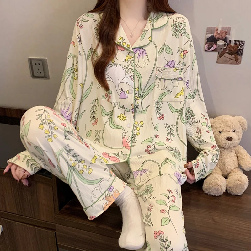 STORESDE Pink Bow Tie Design Pajamas for Women Long Sleeve Top & Elastic Waist Pants Pajamas Set Harajuku Style Casual New Home Wear
