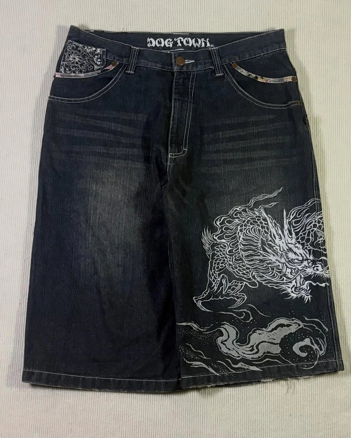 STORESDE American Washed Ecko Denim Shorts Mens Hip-hop Rock Street Fashion Pattern Straight Pants Harajuku Trend Wide Pants