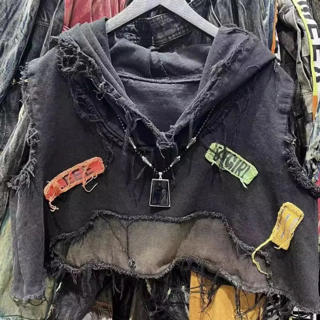 STORESDE American retro old wash jeans vest women's fashion high-end stitching hole design short sleeveless hooded patch coat jacket.