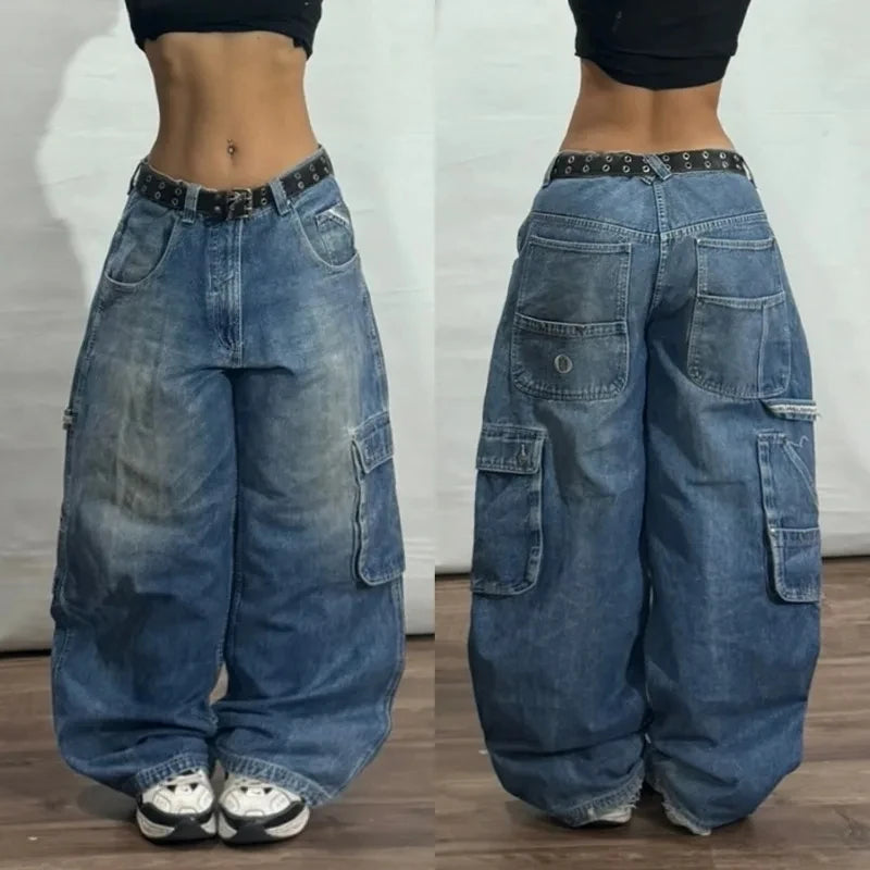 STORESDE American New Fashion Letter Embroidery Stitching Old Baggy Jeans Women Y2K Harajuku  Popular High Waist Wide Leg Trousers