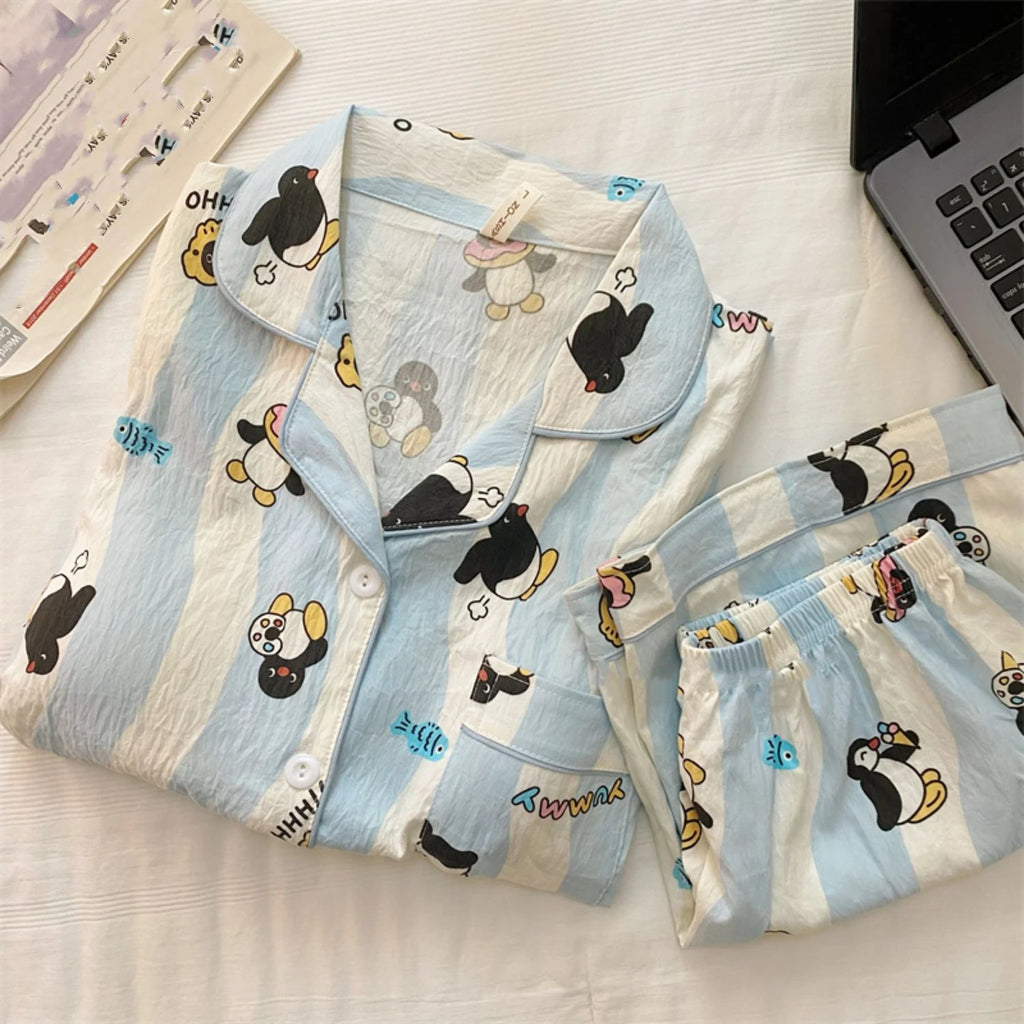 STORESDE Penguin Print Women Autumn Two Piece Pajama Set Long Sleeve V Neck Top & Elastic Waist Pants 2 Pieces Female Sleepwear Nightwear