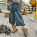 STORESDE Washed Fringed Design Wide Leg Denim Cropped Pants Versatile Casual Niche Design Straight Knee Length Pants