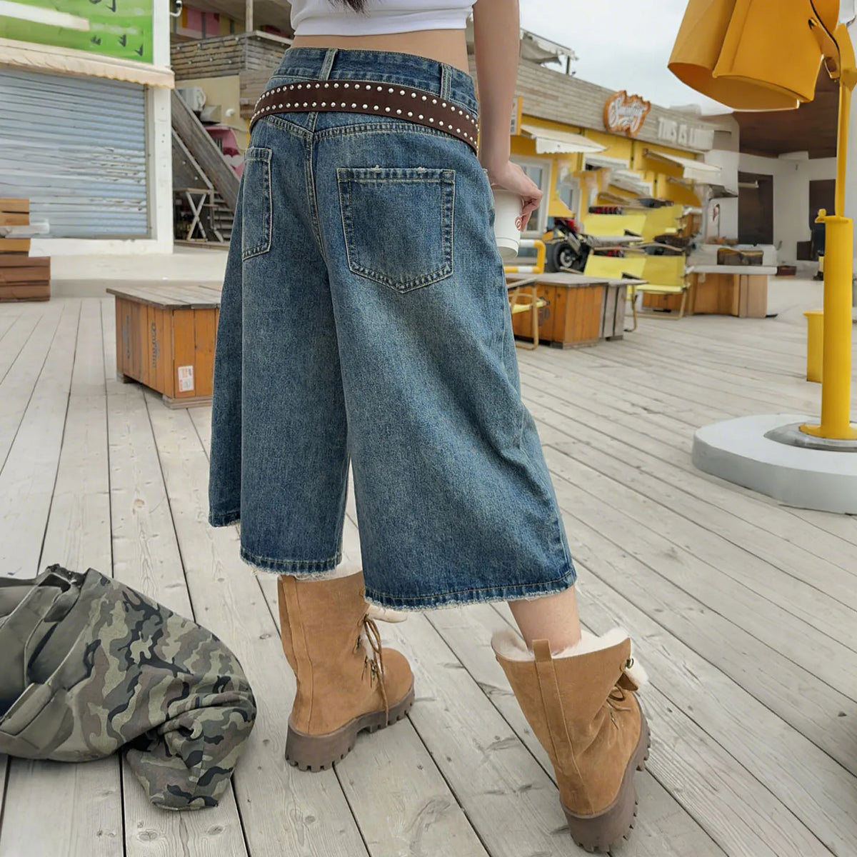 STORESDE Washed Fringed Design Wide Leg Denim Cropped Pants Versatile Casual Niche Design Straight Knee Length Pants