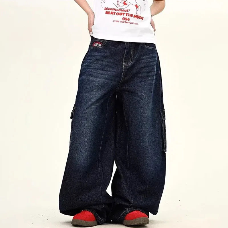 STORESDE Japanese Korean Versions Harajuku Men'S Jeans Fashion Casual Curved Pants Loose Pants Large Pockets Denim Straight Leg Pants