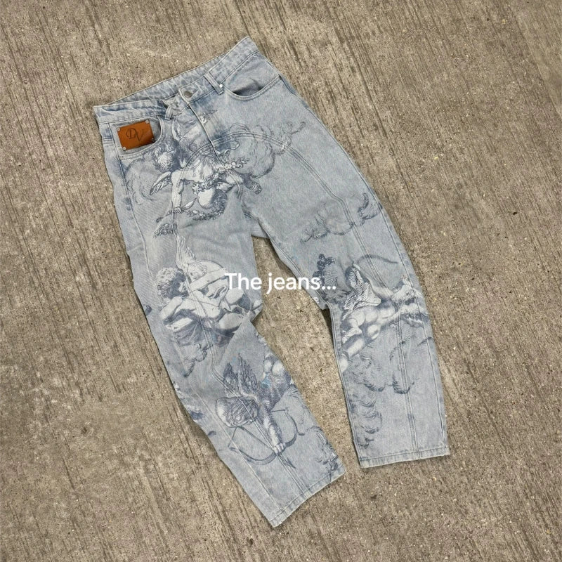 STORESDE Y2k Angel Baggy Jeans Retro High Street Cupids Arrow Men Women Pants American Hip Hop Streetwear Unisex Casual Straight Jeans