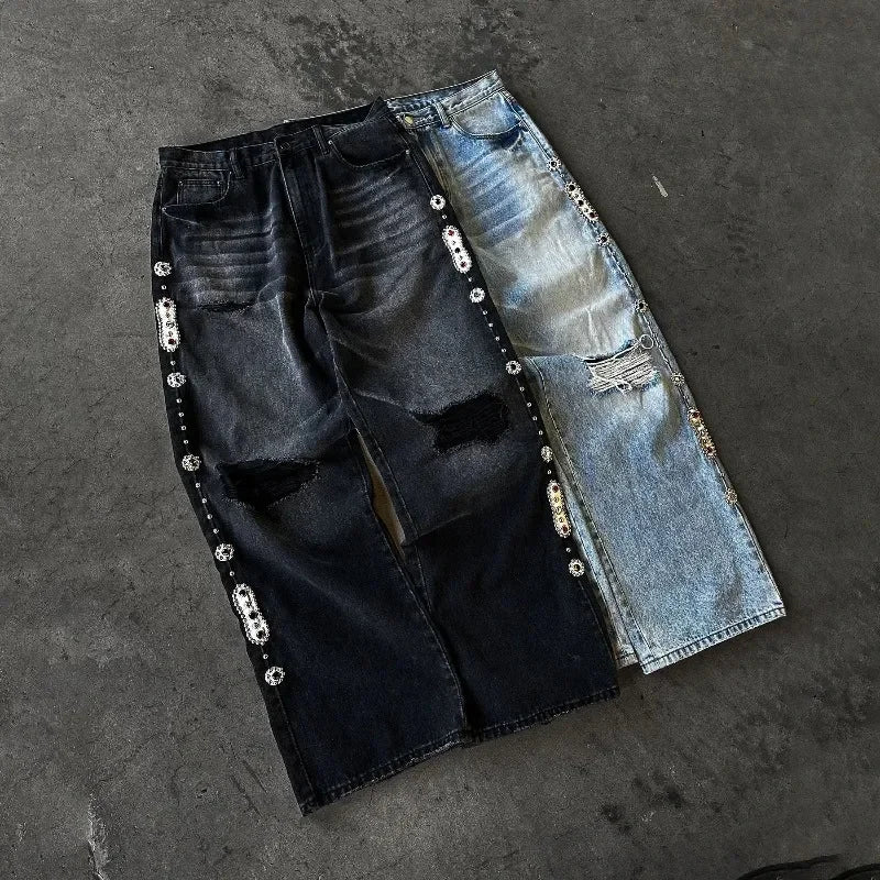 STORESDE Gothic Diamond Punk Hip Hop Men's Slim Jeans Damaged Destroyed Hole Baggy Denim Long Trouser Pants Y2k Streetwear Ripped Jeans