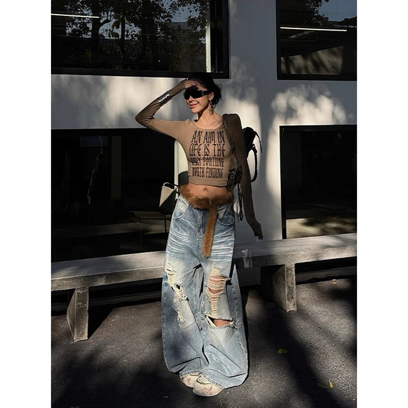 STORESDE ZHIZOU Women Blue Baggy Y2k Ripped Jeans Hip Hop Grunge Wide Jean Pants Vintage 2000s Harajuku Denim Trousers Clothes Summer