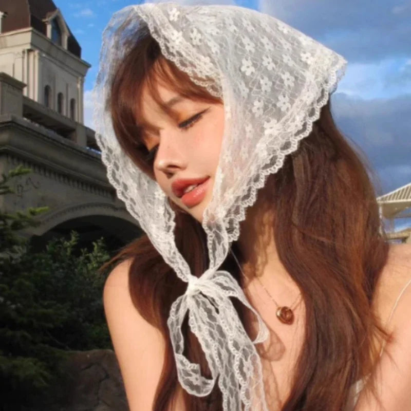 STORESDE Retro Sweet Flower Triangle Hair Scarf Women Girls Square Scarf Headband Korean French Pastoral Headdress Summer Lace Headwear