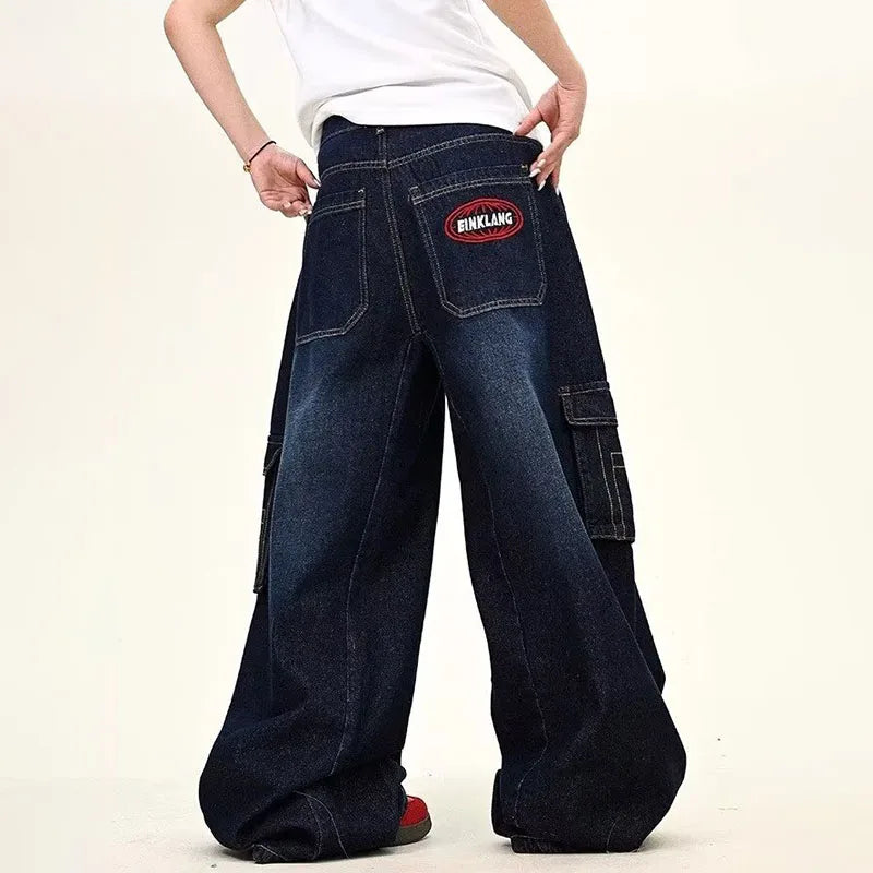 STORESDE Japanese Korean Versions Harajuku Men'S Jeans Fashion Casual Curved Pants Loose Pants Large Pockets Denim Straight Leg Pants