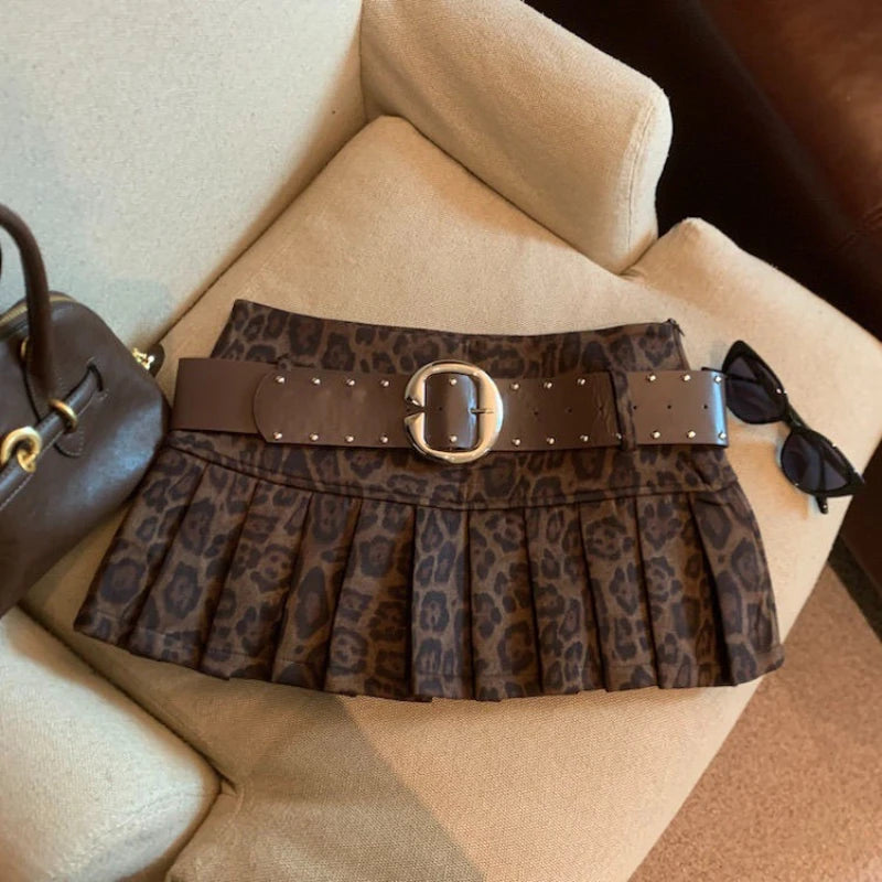 STORESDE Aesthetic Leopard Print High-waist Short Skirt Women's Y2k Sexy Hot Girl New Slim Pleated Skirts High Street Retro A-line Skirt