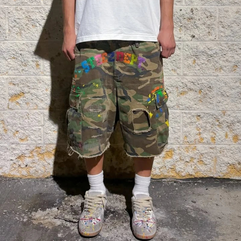 STORESDE Y2K American Cargo Shorts Paint Splatter Camouflage Pattern Bottom New Trendy Retro Hip Hop Streetwear Unisex Baggy Short Pants