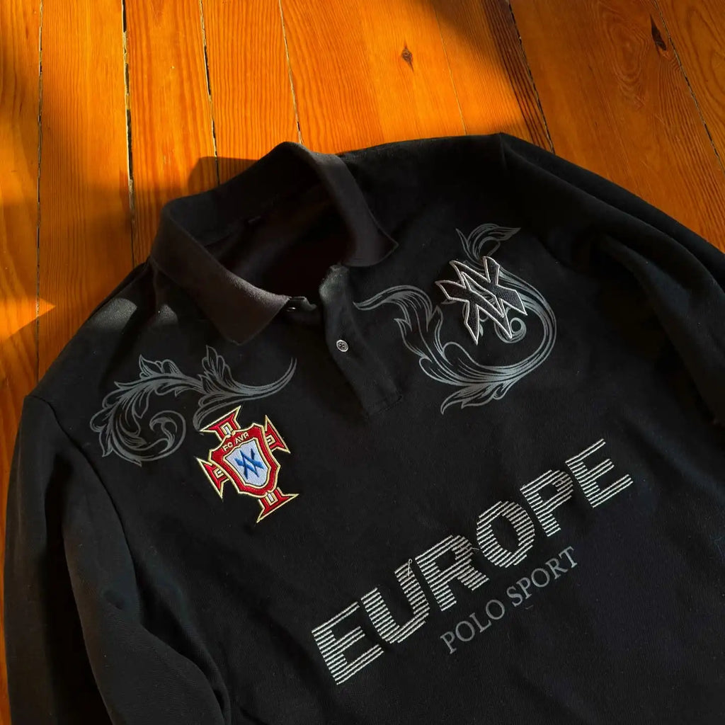 STORESDE Retro Long Sleeve Polo Shirt Y2k Casual Loose Letter Pattern Embroidery T Shirts Street Sweatshirt Men Cotton Jersey Lapel Golf
